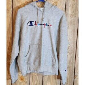 Champion Hoodie Women Large Gray Colorful Embroidered Logo Pullover Kangaroo Pkt